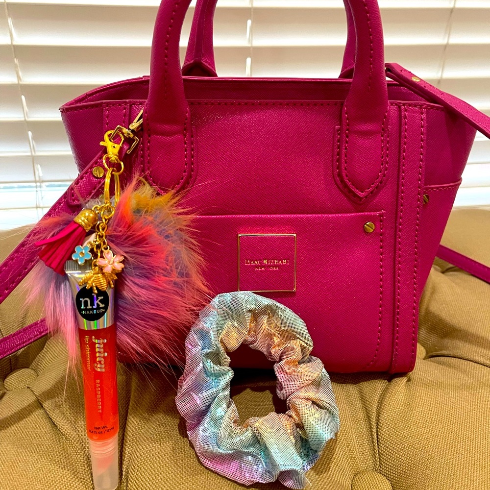 Isaac Mizrahi Pink Fuchsia Purse Lipgloss Scrunchie Keychain.